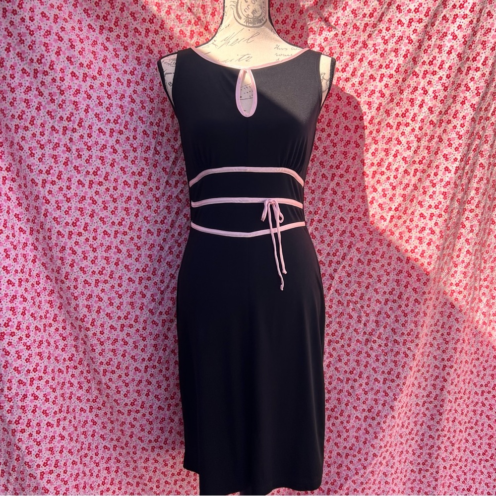 “Peep Studios” black and pick ballet midi dress with bow waist detail